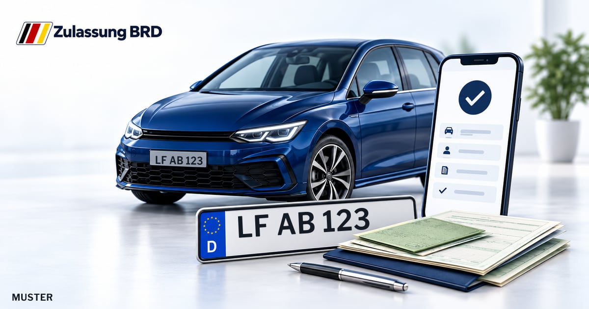 Online Fahrzeugzulassung in Burghausen: Musterkennzeichen LF AB 123, Auto und Fahrzeugpapiere und Smartphone. Illustration mit Logo von Zulassung BRD.